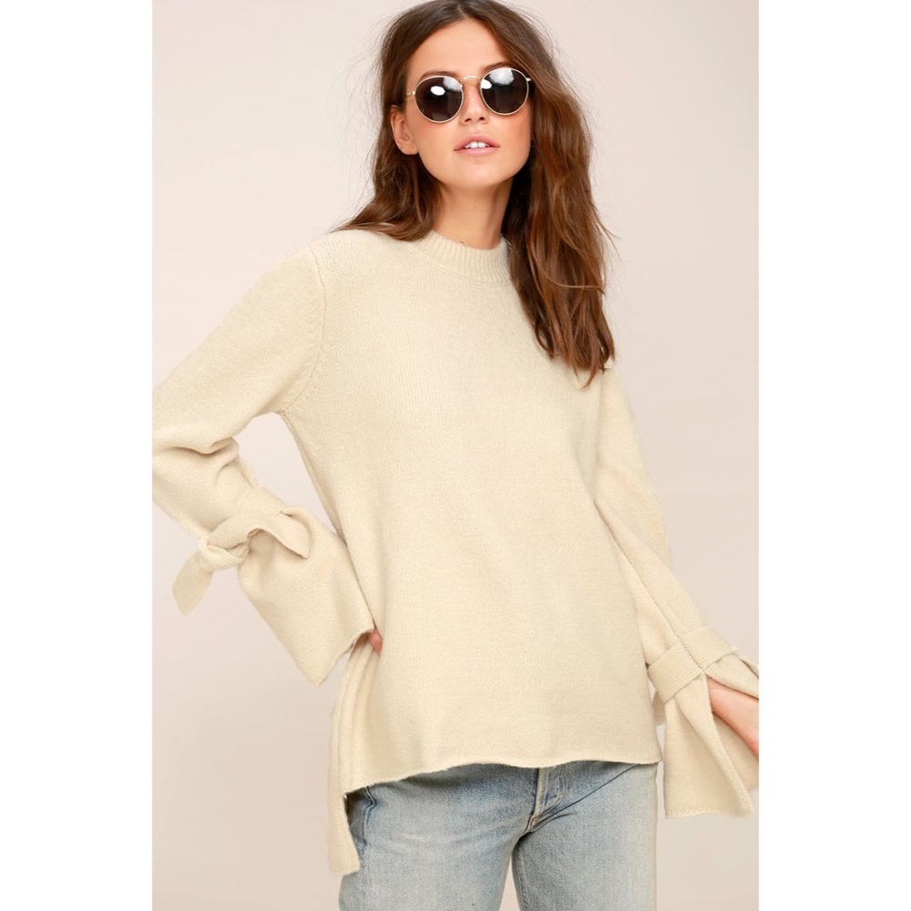 J.O.A. Cream Crewneck Sweater with Tie Sleeve Detail